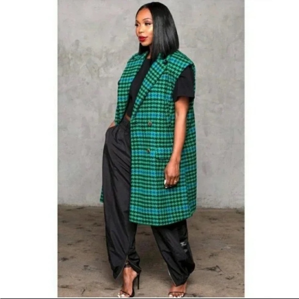 Green and Black Houndstooth Women's Coat